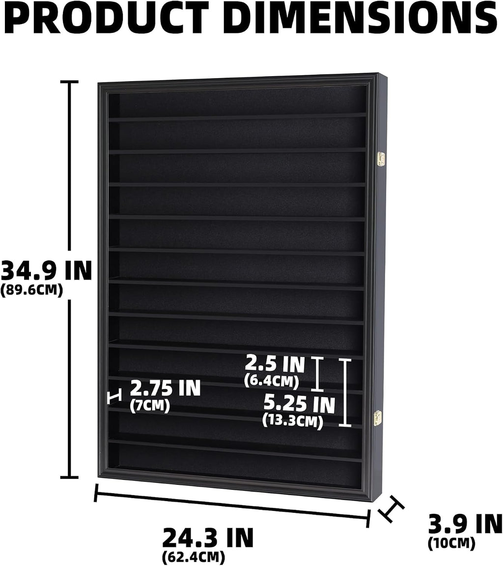 Large 144 Shot Glass Display Case Rack Solid Wood Cabinet Holder Wall Curio Cabinet Shadow Box for Action Figures Small Figurines - Lockable with UV Protection Door - Black Finish