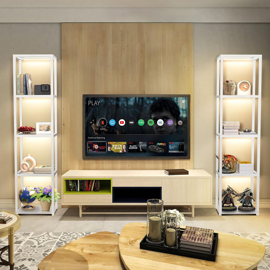 OUTON 67' Glass Display Shelf with Dimmable LED Floor Lamp, Collectibles Display Cabinet with Remote & App Control, 5 Tier Open Bookshelf Lamp for Living Room, Bedroom, Office, Home Decor, White