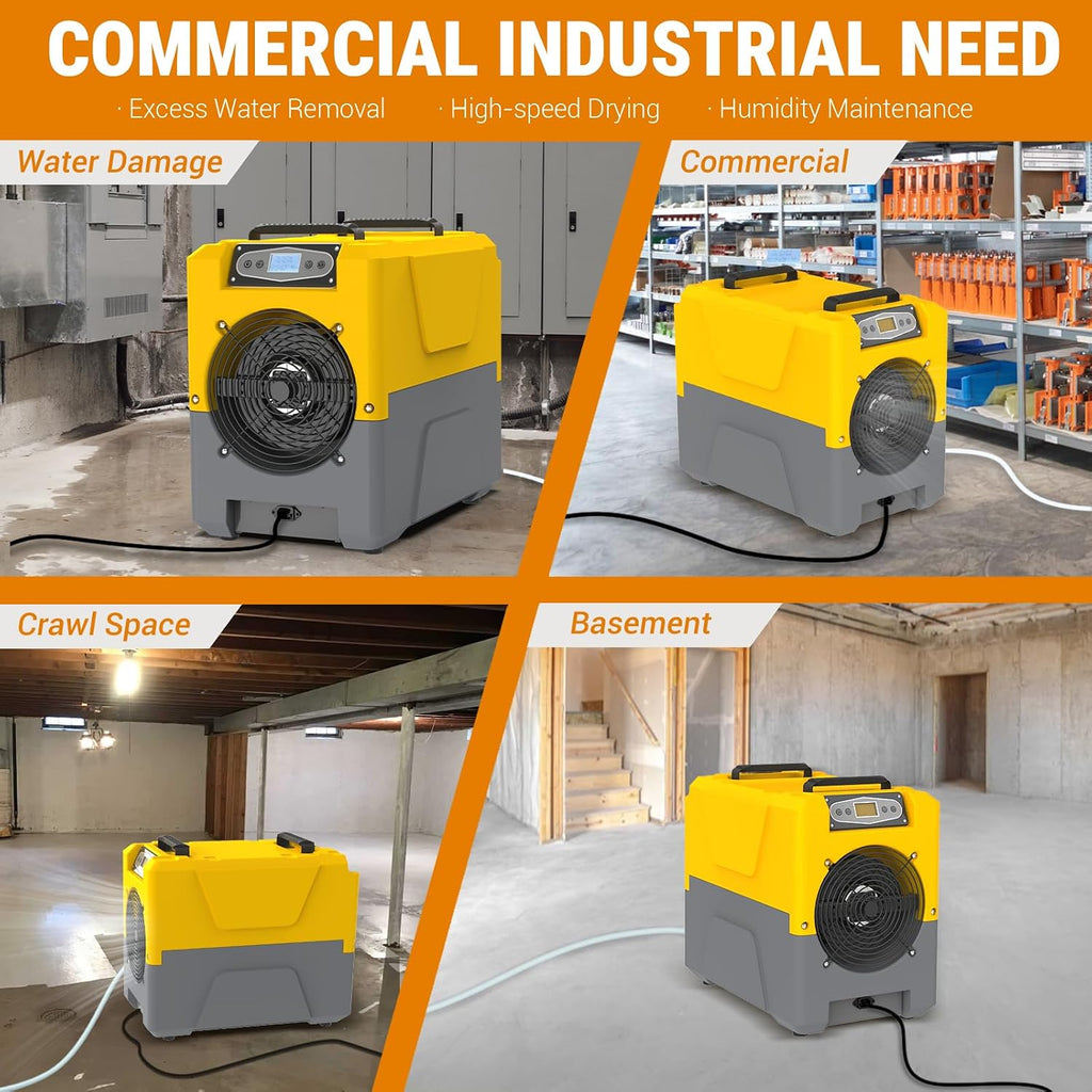 Mounto 150 Pints Compact Commercial Dehumidifier, LGR Technology, Built-in Pump, ETL Certified, Ideal for Large Spaces, Water Damage Restoration, Industrial Use (Yellow)
