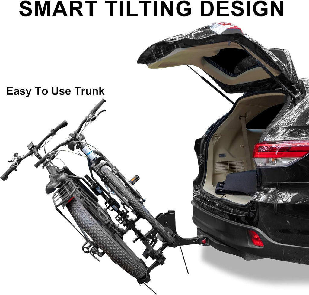 WEIZE 2 E Bike Rack Hitch Mounted, Wobble Free Smart Tilting Folding 2 Bicycle Electric Bike Racks with Lock, 2' Hitch Fits Up to 160 lbs Capacity with Up to 5.5' Fat Tires for Car, SUV, Trucks