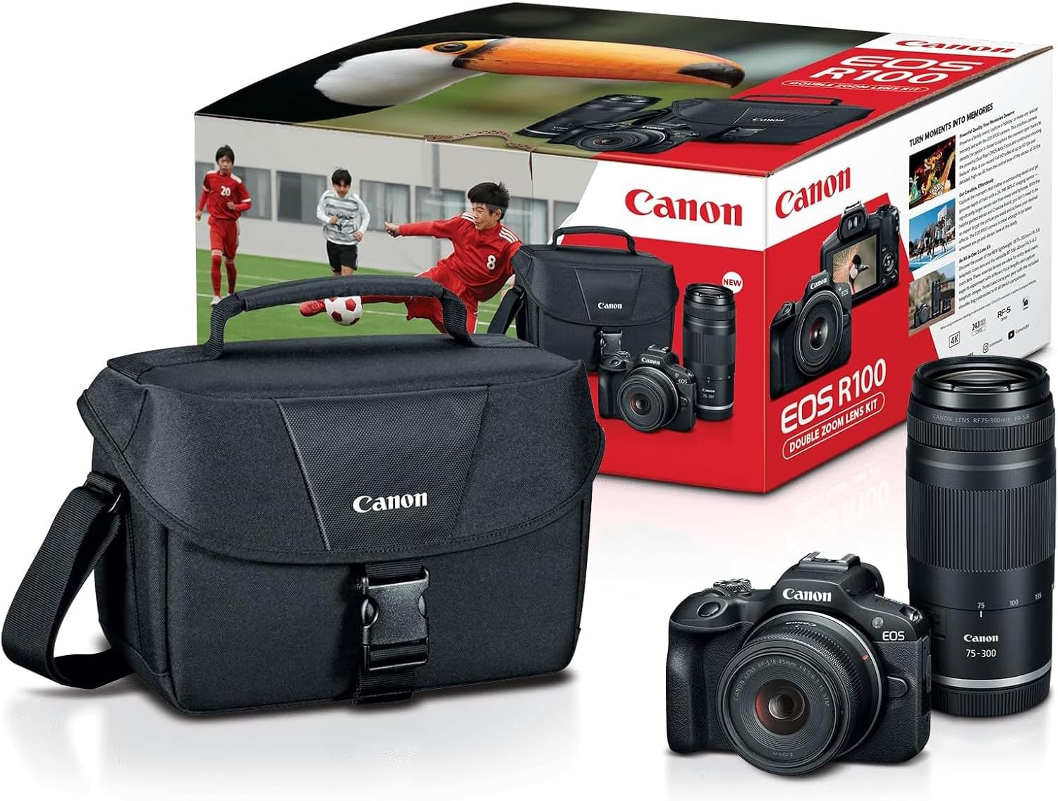 Canon EOS R100 Mirrorless Camera Double Zoom 2 Lens Kit RF-S 18-45mm and RF 75-300mm 6052C111 Bundle with Deco Gear Accessories Kit + 2 Battery +Tripod + Filters + Wide Angle & Telephoto Lenses &More