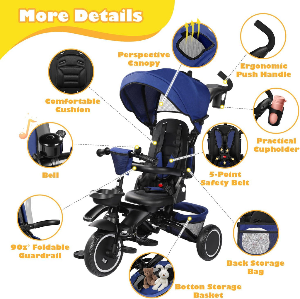 TODEFULL Folding Kids Tricycle, 8 in 1 Toddler Trike W/Removable & Adjustable Canopy, Parent Handle, 5-Piont Harness, Toddler Bike Tricycle for Kids 1-6 Years, EVA Wheels, Storage Basket, Blue