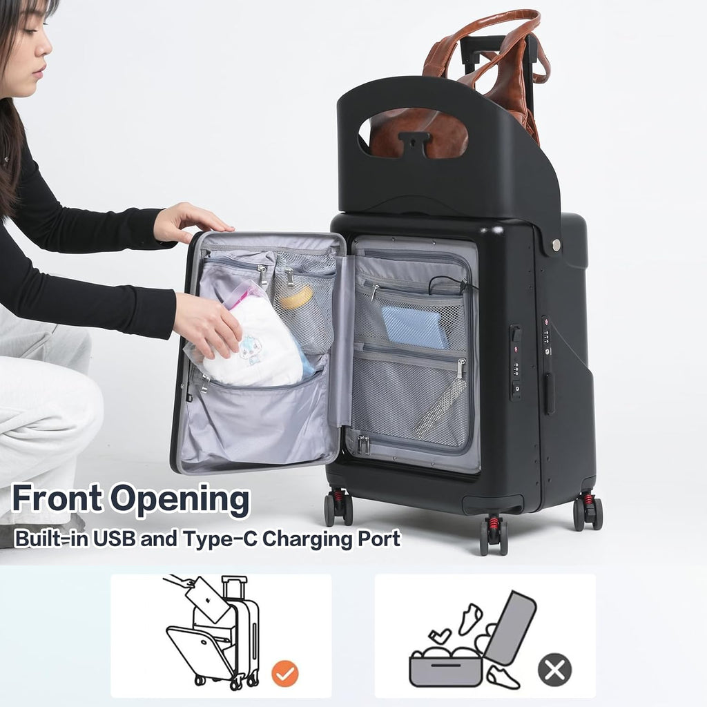 smilesun 22' Carry On Luggage with Seat For Kids & Adults，Hardside Ride On Suitcase Front Opening with 360°Spinner and TSA Lock For Travel (Black with Front Open, 22')