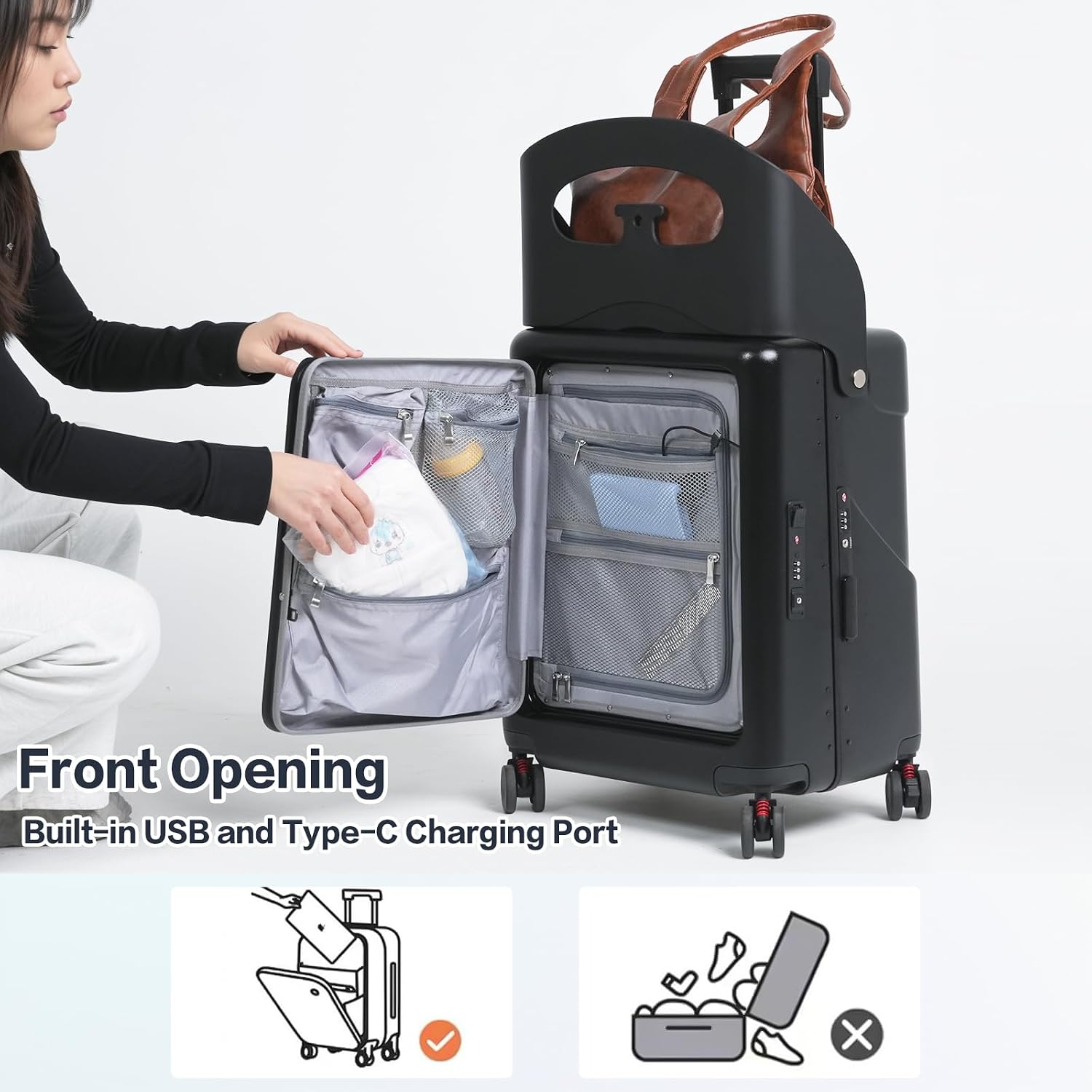 smilesun 22' Carry On Luggage with Seat For Kids & Adults，Hardside Ride On Suitcase Front Opening with 360°Spinner and TSA Lock For Travel (Black with Front Open, 22')