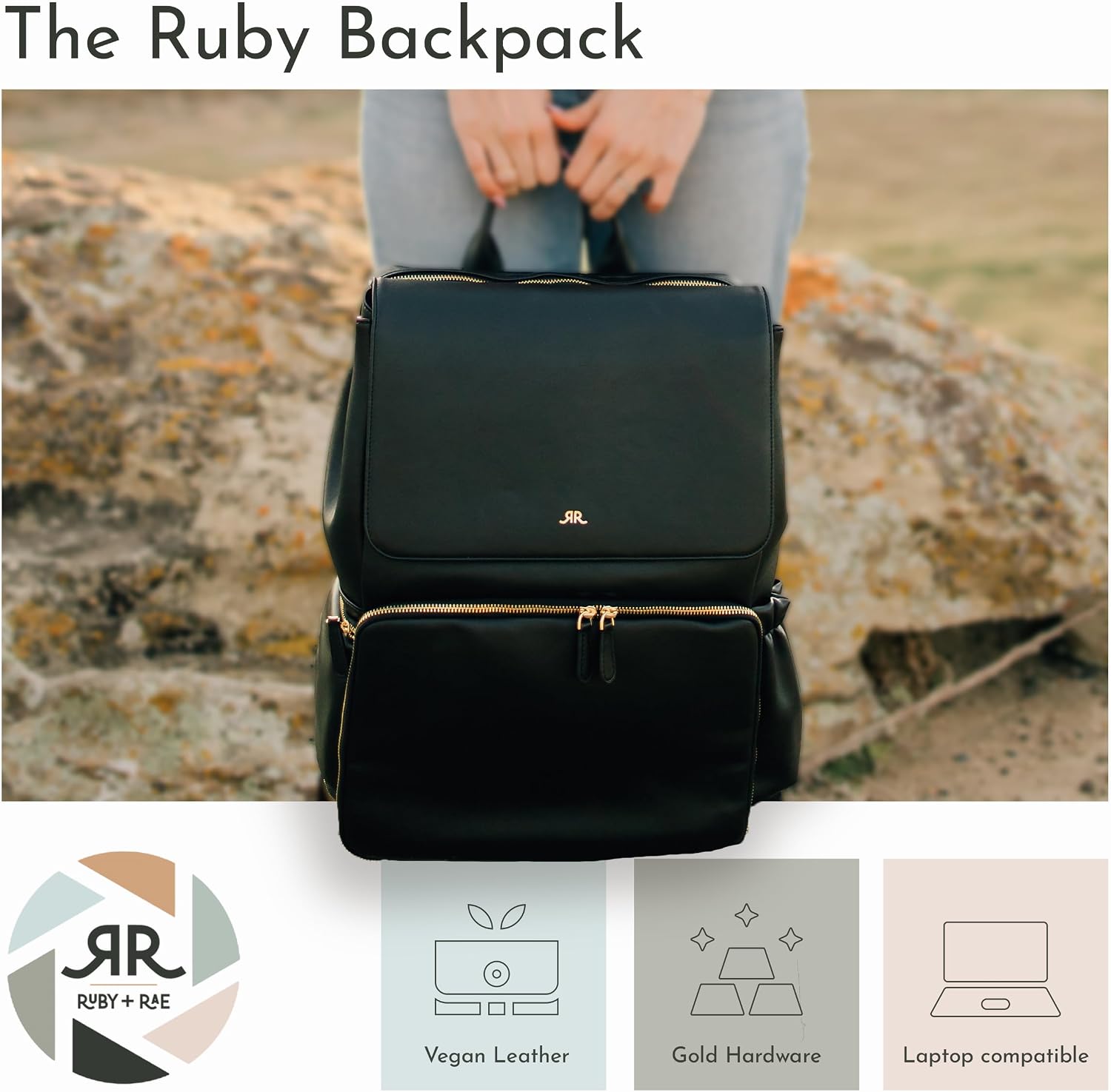 Ruby Camera Backpack – Sleek, Durable Vegan Leather Bag with Gear Dividers, Laptop Compartment, and Side Access for Cameras & Gear, Black