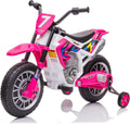 12 Volt Girls Electric Motorcycle with Training Wheels Kids Dirt Bike Battery Powered Ride On Toy Rechargeable Motorbike with 2 Speeds Music Player Shock Absorber, Rose Pink