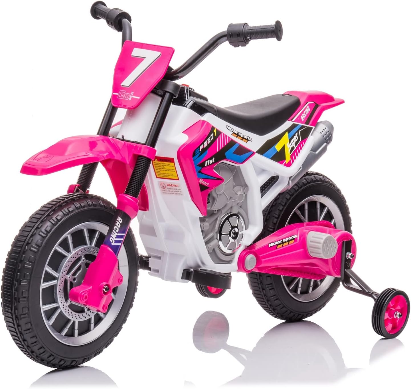 12 Volt Girls Electric Motorcycle with Training Wheels Kids Dirt Bike Battery Powered Ride On Toy Rechargeable Motorbike with 2 Speeds Music Player Shock Absorber, Rose Pink