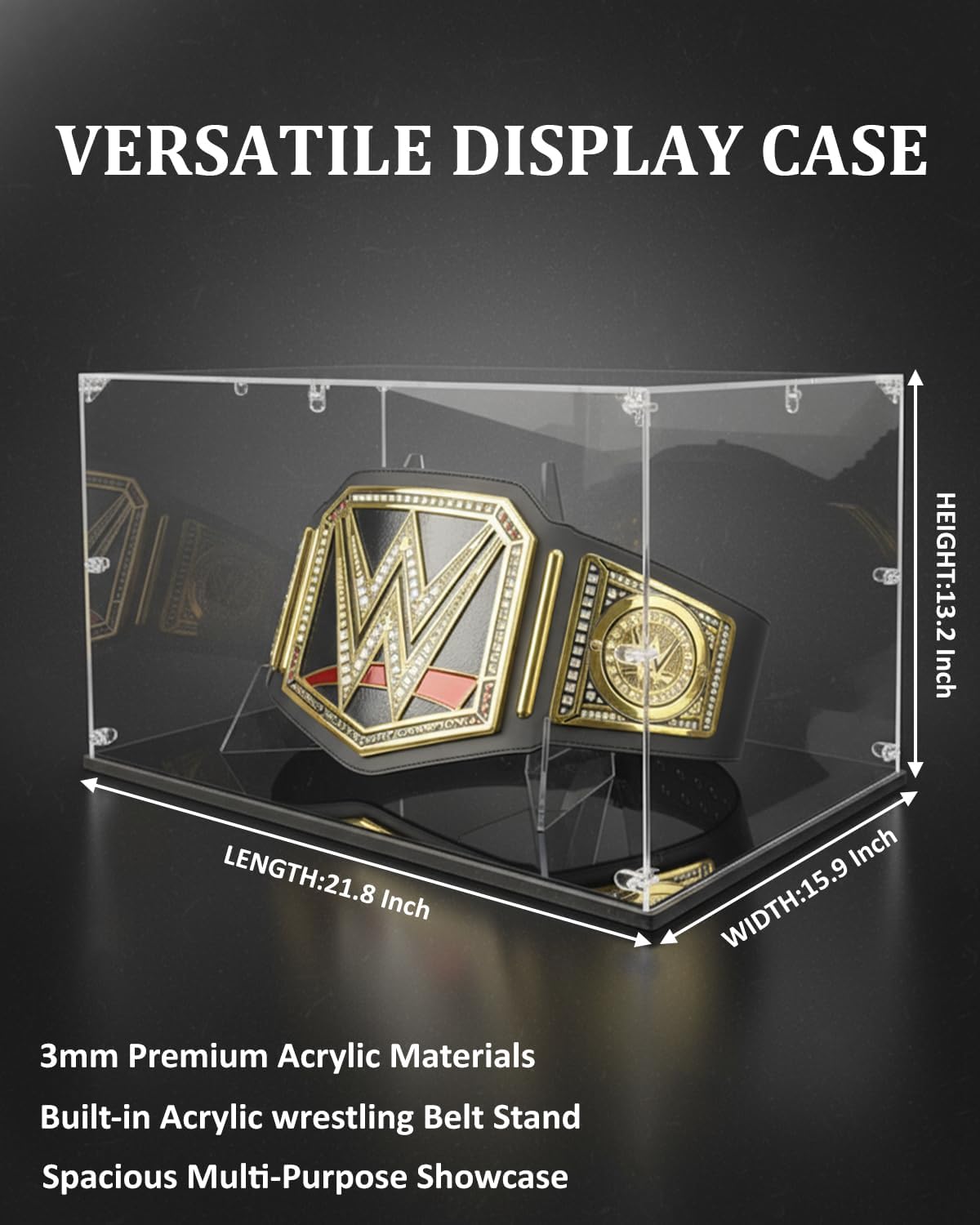 Acrylic Championship Belt Display Case – 3mm Clear Acrylic with Built-in Wrestling Belt Stand, Large 21.8' x 15.9' x 13.2' Showcase Box, Durable Corner-Connector Design – Fits Most Championship Belts