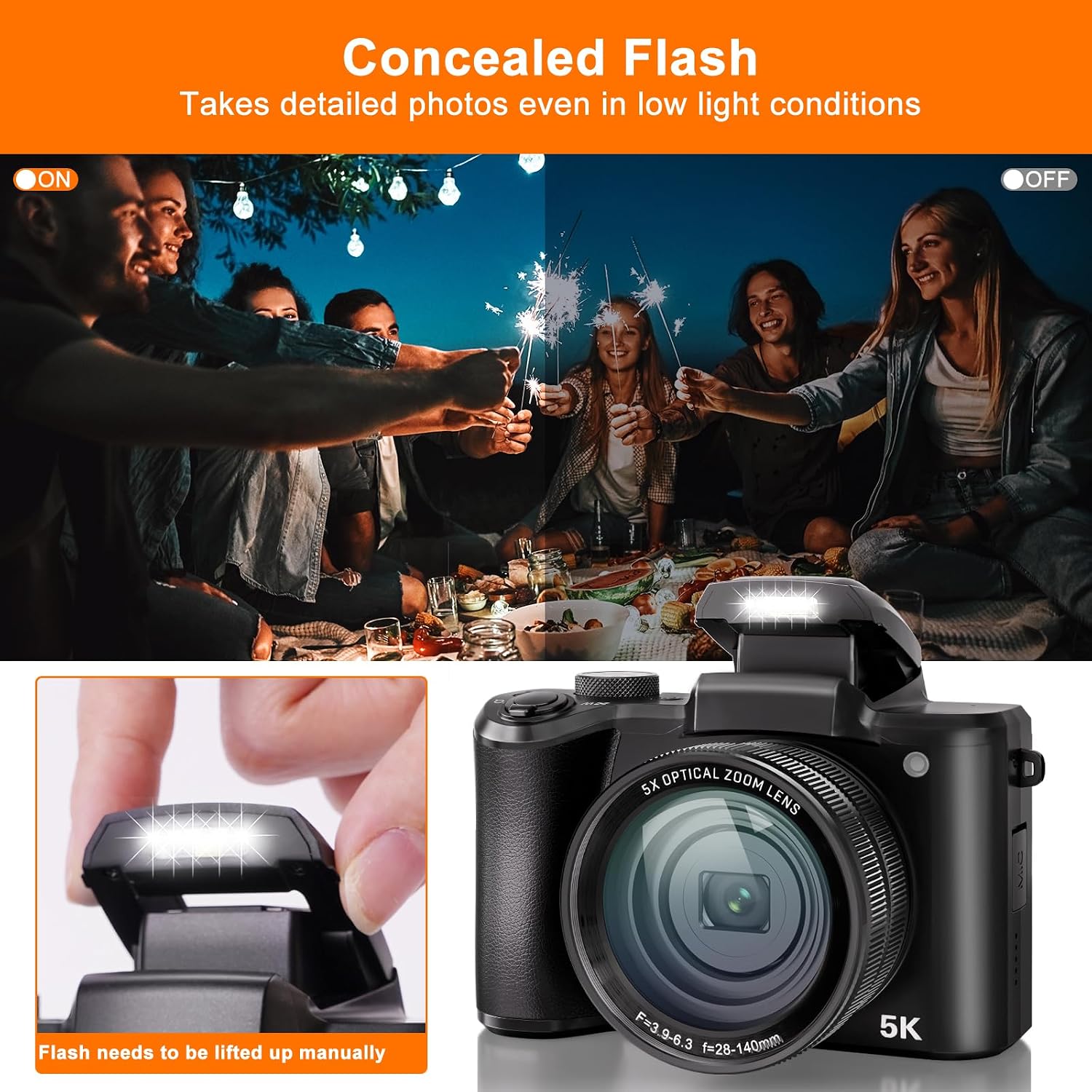 5K Digital Camera 64MP Cameras for Photography, 5X Optical Zoom Compact Travel Camera Front and Rear Dual Cameras Vlogging Camera for YouTube with 3.2' IPS Touchscreen, 64G TF Card, 2 Batteries