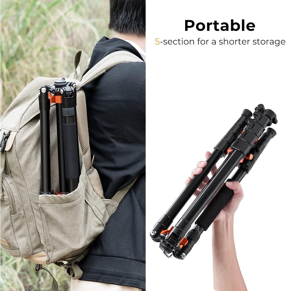 K&F CONCEPT 73 inch /186cm Camera Tripod,Transverse Center Column Aluminium DSLR Tripod with 360 Degree Ball Head 10kg Load Capacity,Quick Release Plate,Detachable Monopod T255A3+BH-28L
