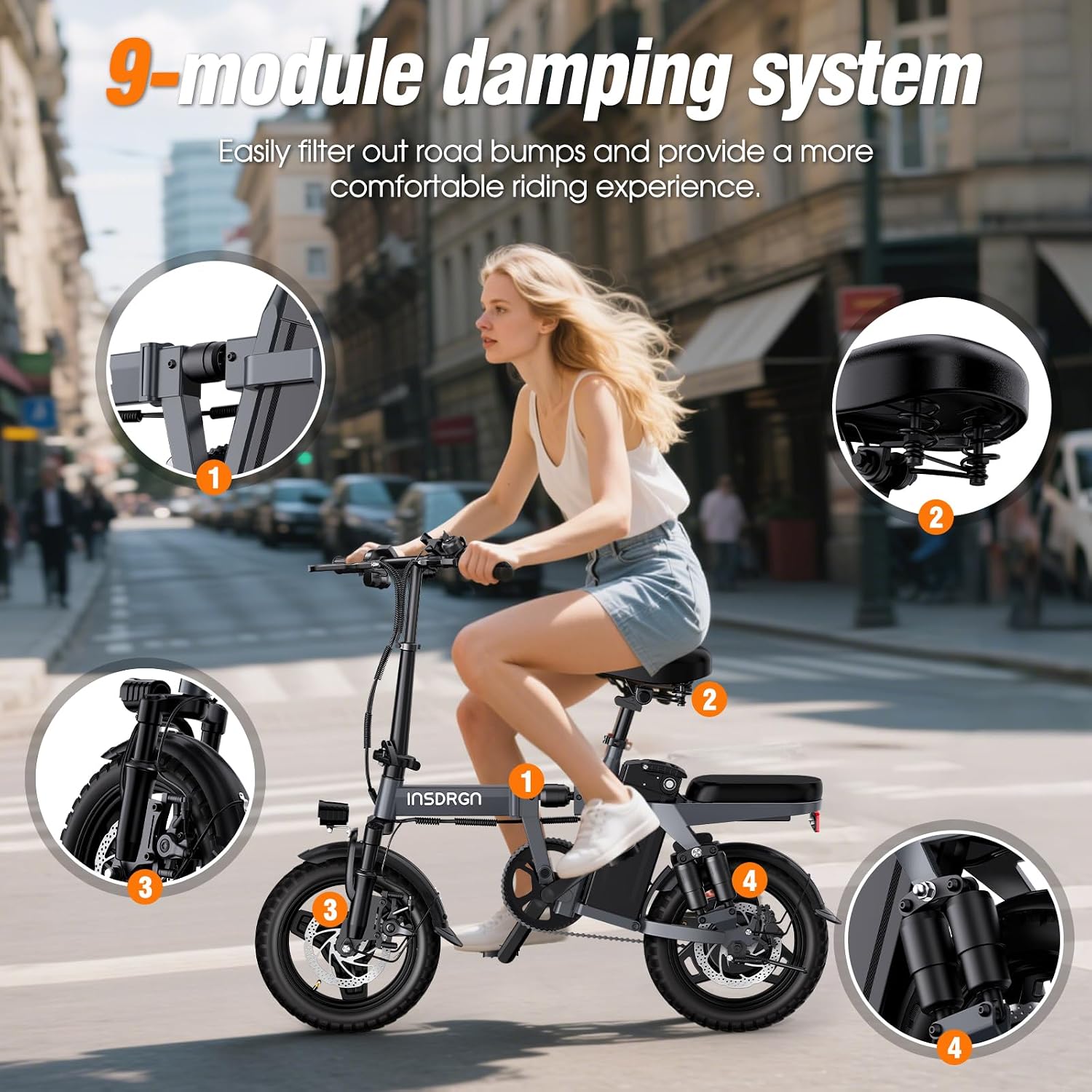 INSDRGN Electric Bike for Adults and Teens, 14' Folding E Bikes, 650W Peak Motor, 48V 499Wh/768Wh Removable Battery, 28-50 Miles PAS Range, 20MPH Electric Mountain Bike, 9 Shock Absorbers, UL 2849
