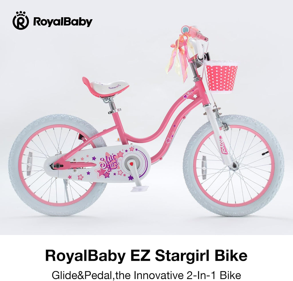 RoyalBaby Girls Bike, Stargirl EZ Kids Bike Balance and Pedal Bicycle with Basket and Dual Handbrake, 12 14 16 18 Inch Toddlers to Big Kids 3-8 Years, Multiple Colors