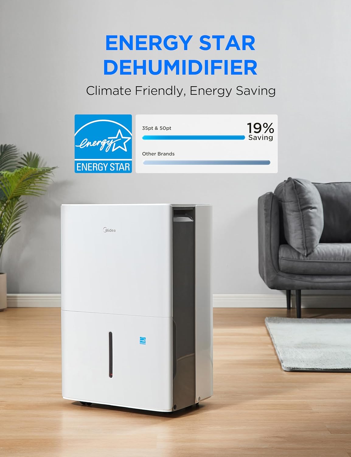 Midea 4,500 Sq. Ft. Dehumidifier With Pump Included, 50 Pint - Ideal For Basements, Large & Medium Sized Rooms, And Bathrooms (White)