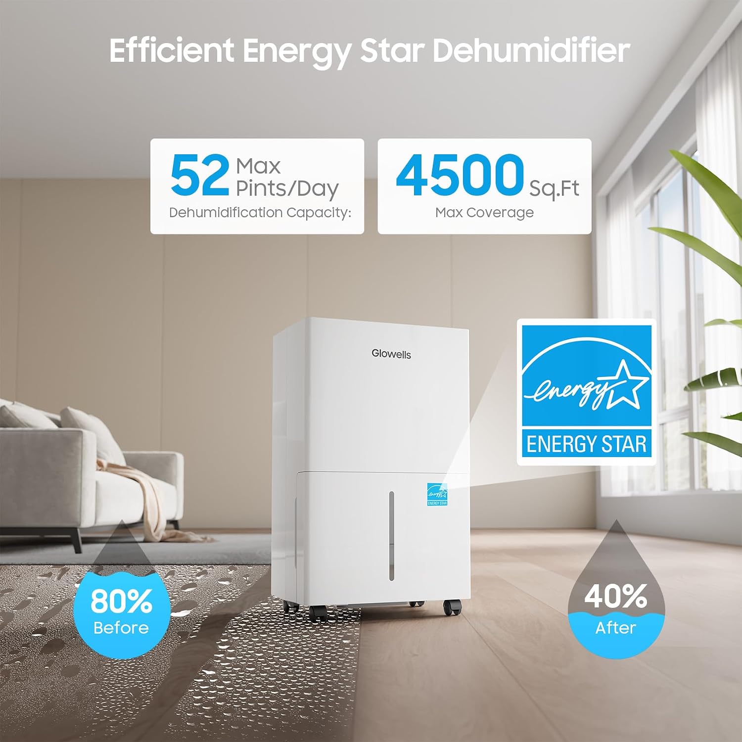 4500 Sq.ft Energy Star Dehumidifier for Home Basement, Glowells 52 Pints Large Room Dehumidifier with Drain Hose & Water Tank 0.58 Gal, Dehumidifiers with Smart Humidity Control, Auto Defrost