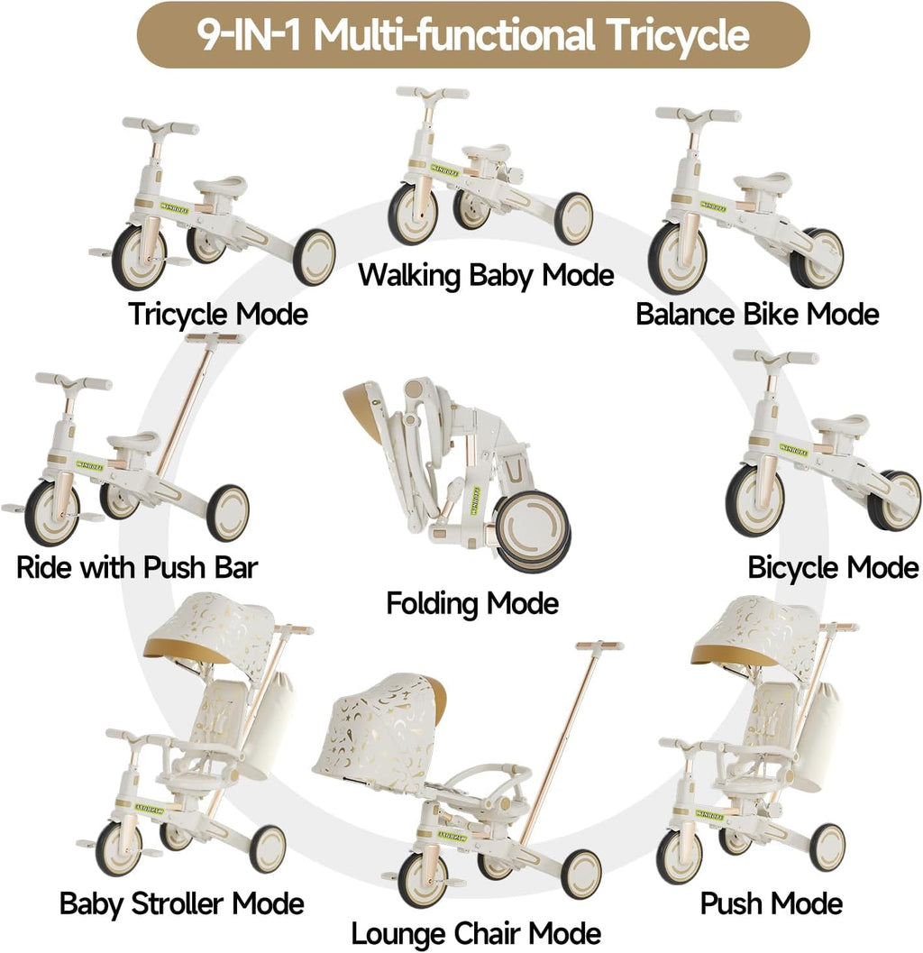 WinHope 9-in-1 Push Tricycle for Toddlers 1-3 Years | Convertible Kids Trike with Adjustable Parent Handle & Safety Harness, Lightweight Foldable Design + Storage Basket for Boys & Girls (White)