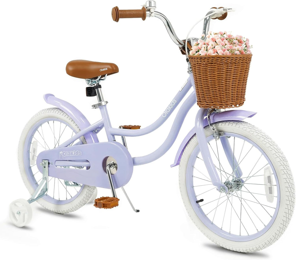 Olakids Kids Bike, 12 14 16 18 20 Inch Toddlers Bike with Training Wheels Rattan Basket Safety Bell Adjustable Seat and Handlebar, Children's Bicycle for Girls Boys