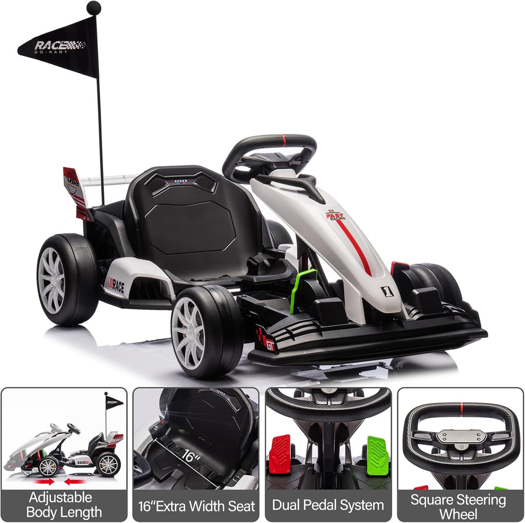 GarveeLife 24V Kids Ride on Go Kart, 7.5 mph Variable High Speed Drifting Car, 7ah Battery 200W*2 Motors,Ajustable Legroom for Kids Grows, Max Load 135 LBS, Power Display Racing Toy for 6+,White