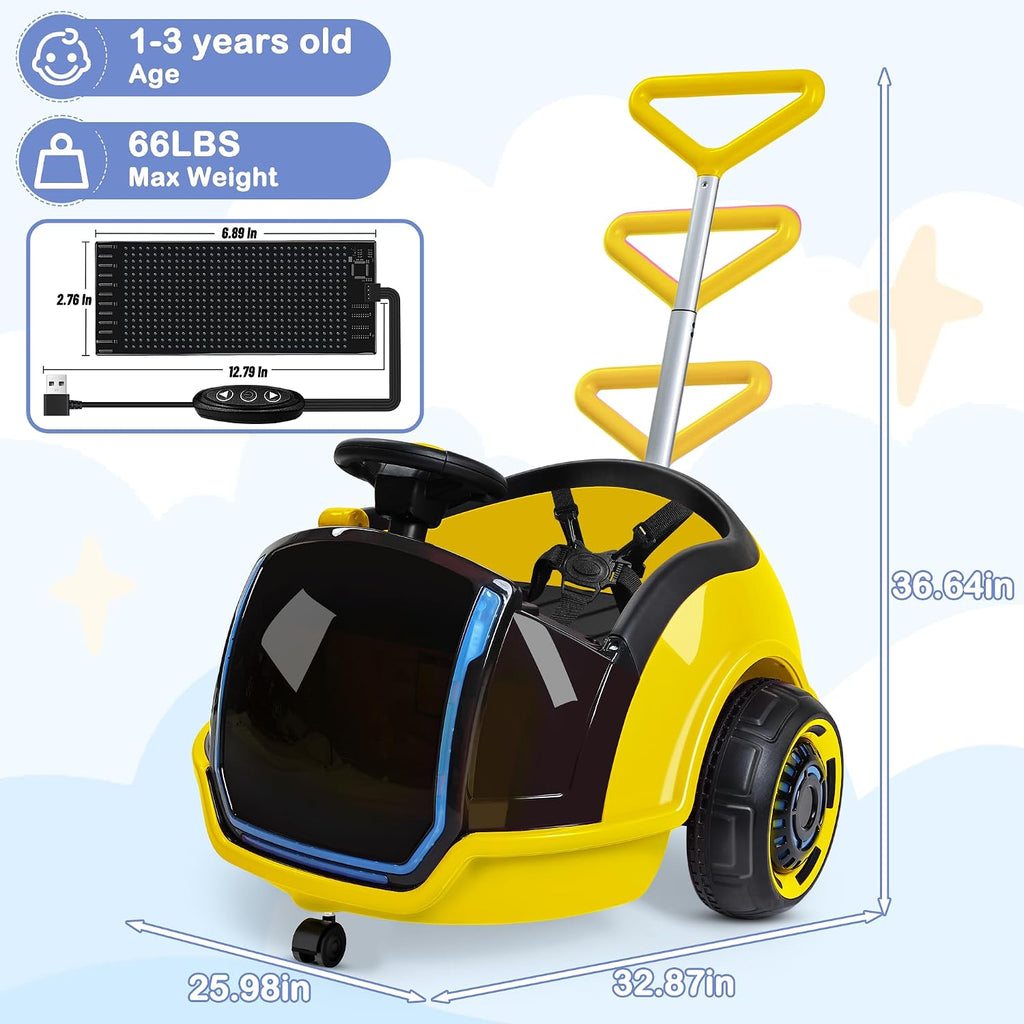 ANPABO 3-in-1 Electric Push Ride On Car, 12V Kids Ride On Toy w/Remote Control, 360° Spin, LED Display, 5-Point Safety Belt, Colorful LED Light, Music Player, Push Car for Toddler Ages 1-3 (Yellow)