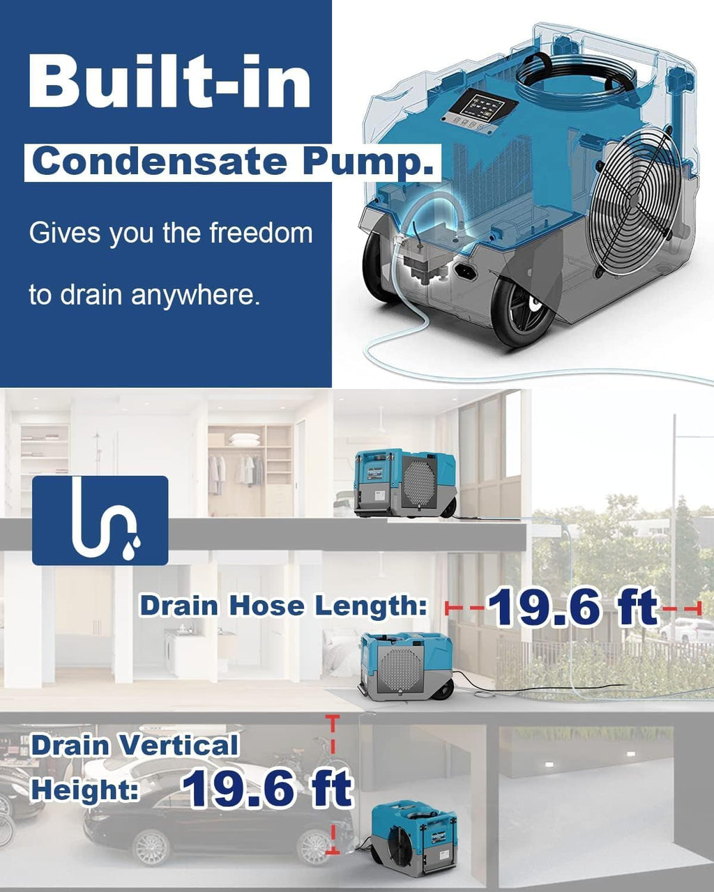 ALORAIR 264 PPD Commercial Dehumidifier with Pump, Up to 3,000 Sq.Ft Industrial Dehumidifier with Drain Hose Potable Wheels Design for Whole House, Basement, Warehouse, Garage, Blue