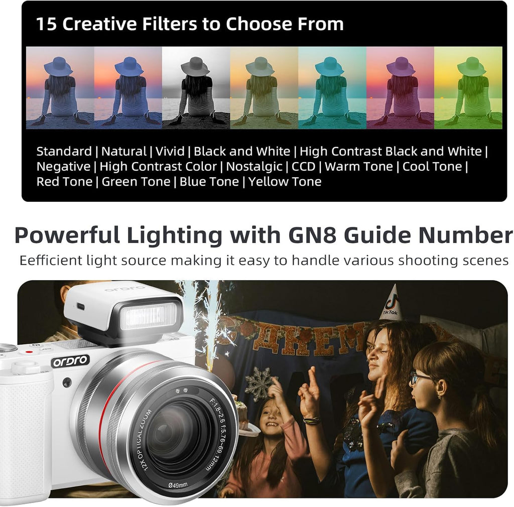 ORDRO G730 5K Digital Camera for Photography, 64MP Auto & Manual Focus Digital Camera for YouTube with 3.2'' 270° Flip Screen, 12X Optical Zoom Compact Travel Camera with 64G Card, 2 Batteries & Flash