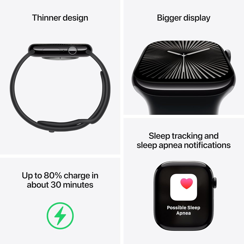 Apple Watch Series 10 [GPS 42mm case] Smartwatch with Jet Black Aluminum Case with Black Sport Band - M/L. Fitness Tracker, ECG App, Always-On Retina Display, Water Resistant