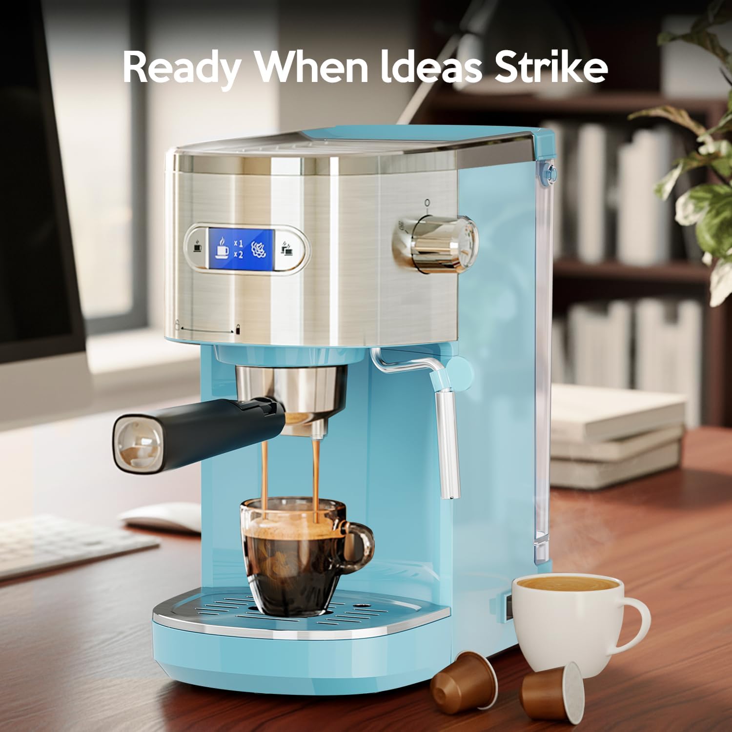 20 Bar Espresso Machine Semi-Automatic, Professional Coffee Maker with Milk Frother Steam Wand & 45OZ Removable Water Tank, Home Barista System for Cappuccino, Latte, Americano-Stainless Steel-Blue
