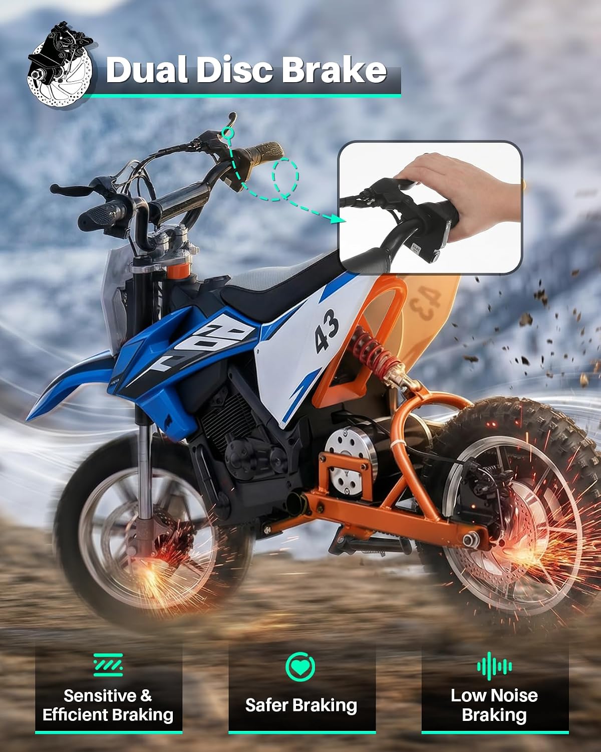 Blitzshark 36V 650W Kids Electric Dirt Bike Off-Road Motocross Ultra Powerful Motorcycle, with 17MPH MAX Speed, Rubber Tire, Twist Grip Throttle, Leather Seat, Dual Suspension & Brakes, SRK-MC20 Pro