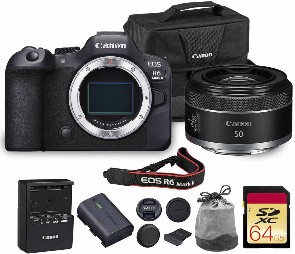 Canon EOS R6 Mark II Mirrorless Camera | 24.2MP Full Frame Sensor 4K 60p Video | Dual Pixel AF in-Body Stabilization for Professionals (5666C002) + Canon RF 50mm f/1.8 STM Lens + 64GB Card + Bag