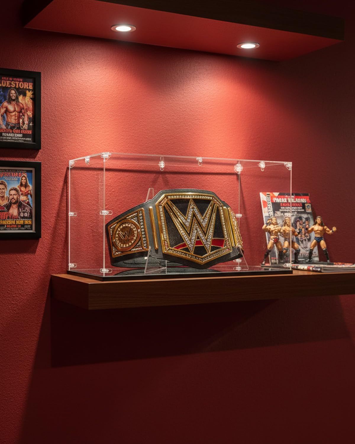 Acrylic Championship Belt Display Case – 3mm Clear Acrylic with Built-in Wrestling Belt Stand, Large 21.8' x 15.9' x 13.2' Showcase Box, Durable Corner-Connector Design – Fits Most Championship Belts
