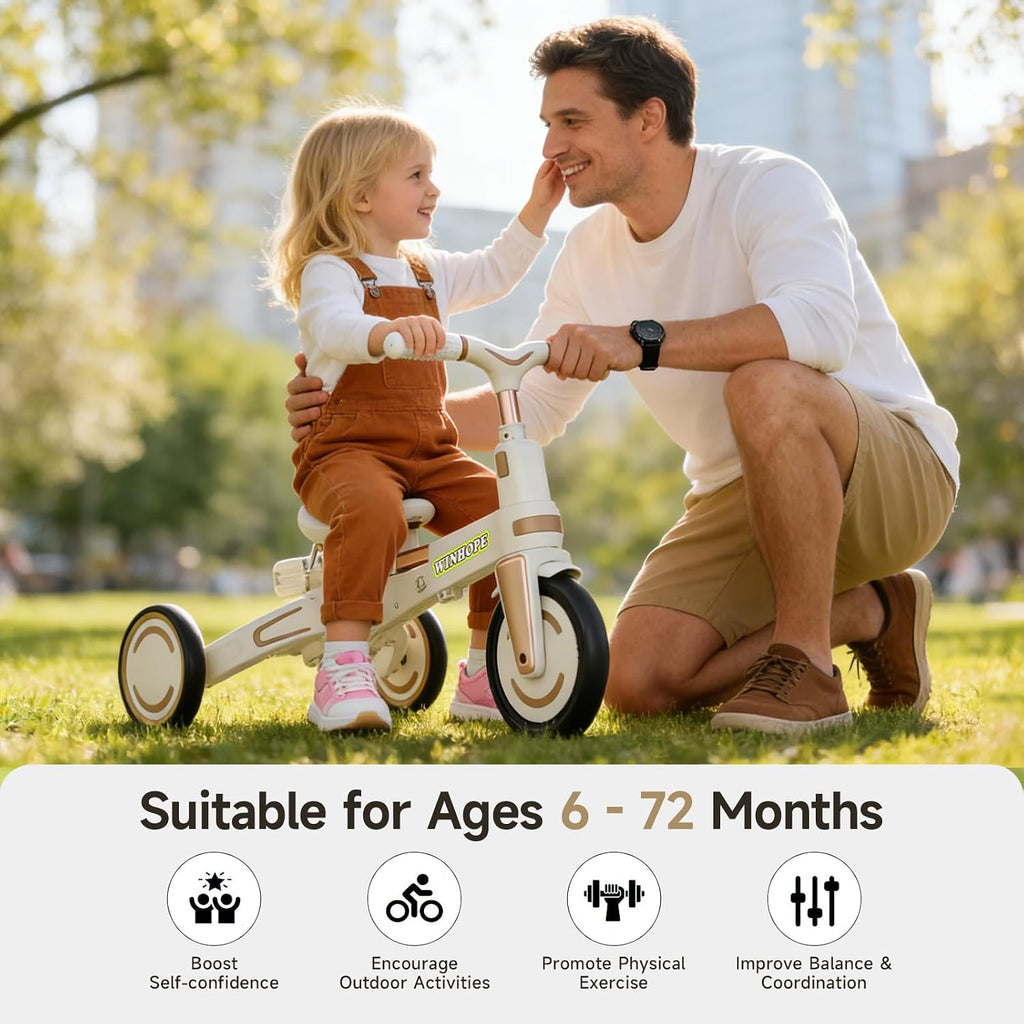 WinHope 9-in-1 Push Tricycle for Toddlers 1-3 Years | Convertible Kids Trike with Adjustable Parent Handle & Safety Harness, Lightweight Foldable Design + Storage Basket for Boys & Girls (White)