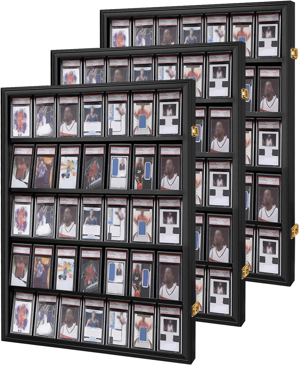 35 Graded Sports Card Display Case 3 Pack with UV Protection Lockable Wall Frame Cabinet for Basketball Football Baseball Hockey Trading Cards with Gold Lock