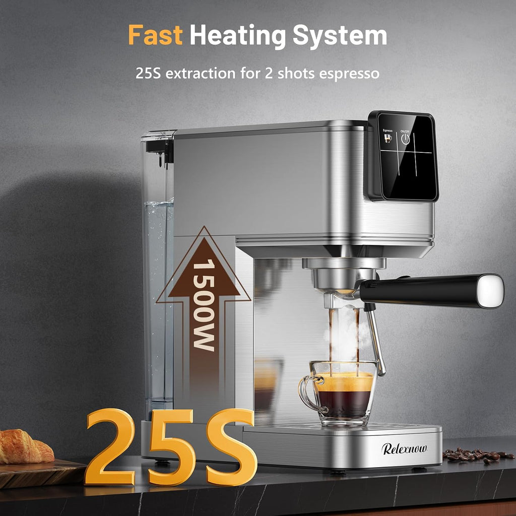 RELEXNOW Espresso Machine, 20 Bar Professional Espresso Coffee Maker with Milk Frother Steam Wand, Hot & Iced Coffee Machine, Compact Stainless Steel Coffee Machine for Cappuccino,Latte,Cold Brew