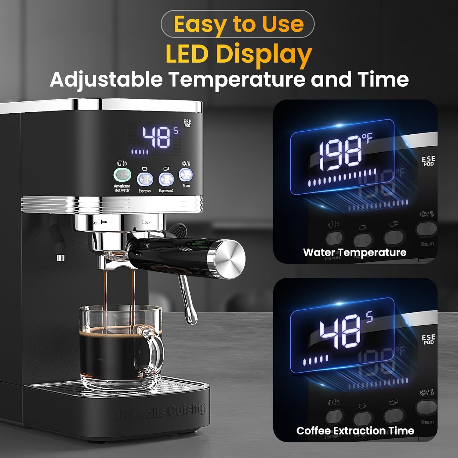 Espresso Machine 20 Bar Temperature Time LED Display Espresso Maker with Adjustable Extraction Temperature Stainless Steel Coffee Machine with Powerful Steam Wand for Cappuccino Latte,Black