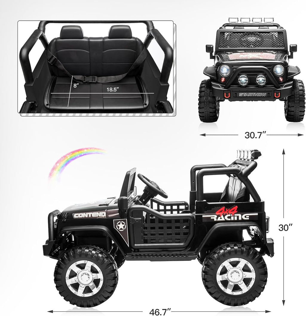 SEHOMY 2-Seater Kids Electric Car, 12V Truck Power Wheels with Remote Control - 110LBS Max Load, 19'' Wide Seat, Spring Suspension, Music, Battery Powered Kids Ride on Car Black Vehicles for Boy Girl