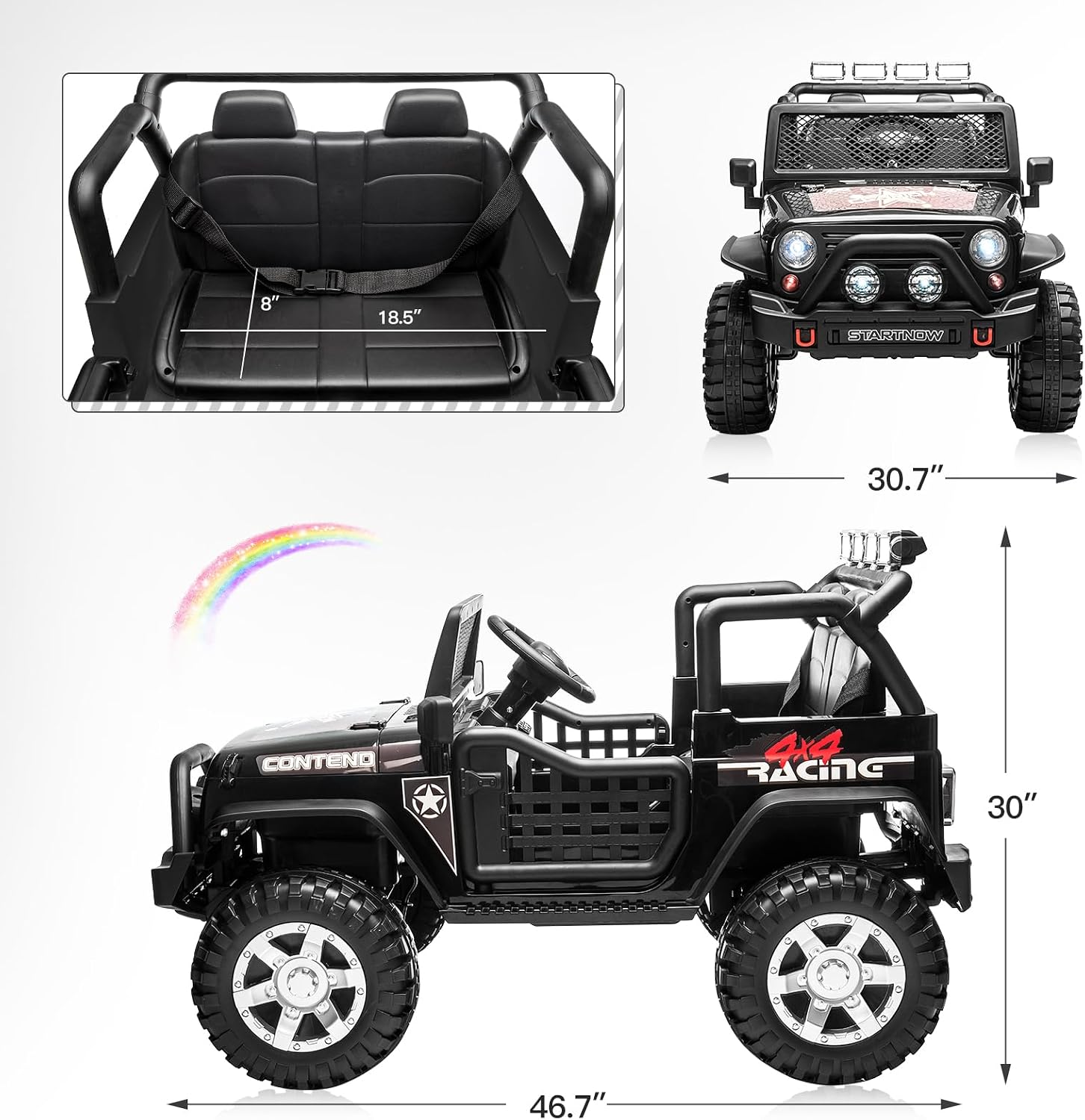 SEHOMY 2-Seater Kids Electric Car, 12V Truck Power Wheels with Remote Control - 110LBS Max Load, 19'' Wide Seat, Spring Suspension, Music, Battery Powered Kids Ride on Car Black Vehicles for Boy Girl
