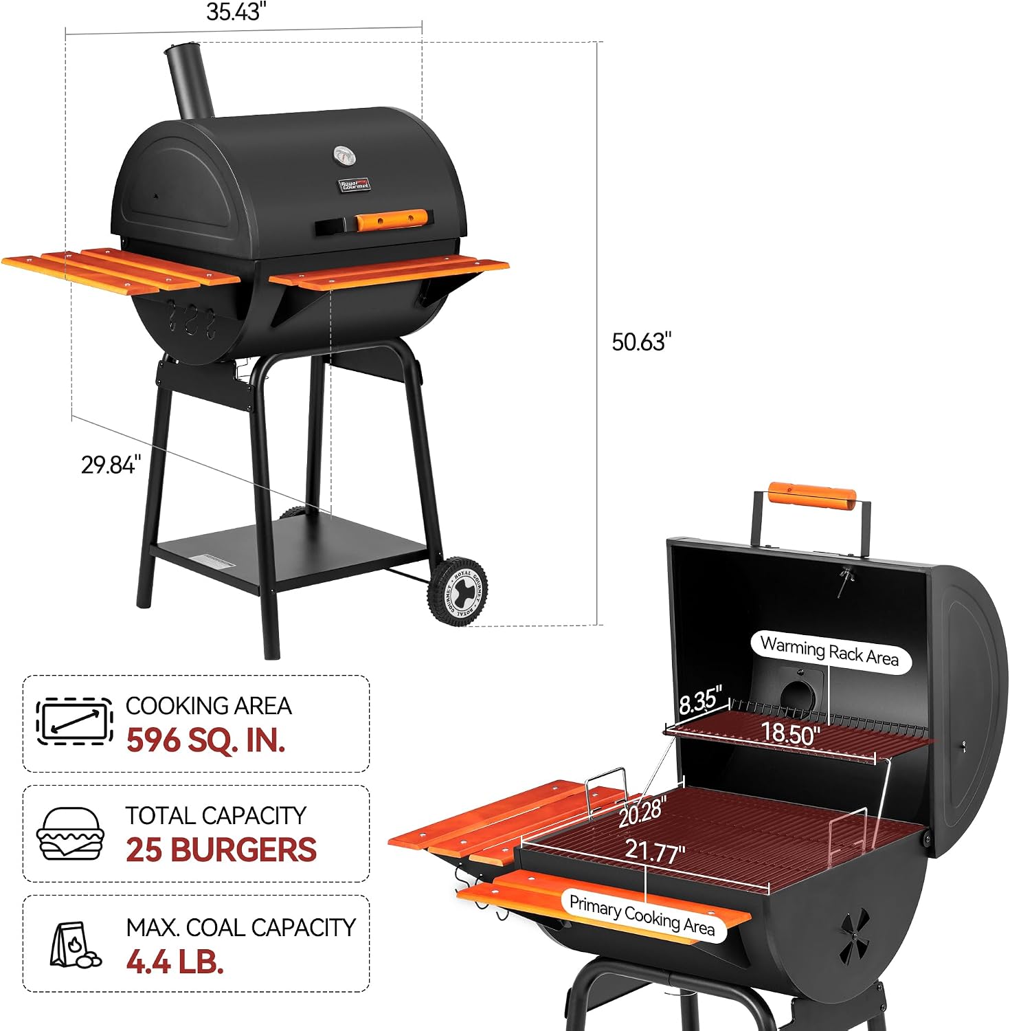 Royal Gourmet CC2024 24 Inch Charcoal Barrel Grill with Warming Rack, Outdoor BBQ Grill with Wooden Front and Side Shelves, for Backyard, Patio and Parties, Black