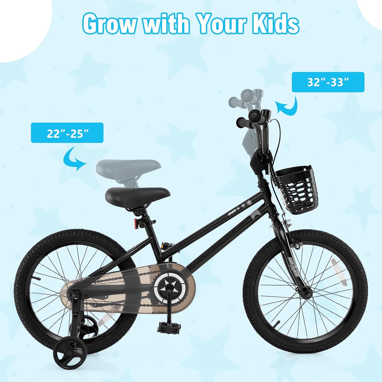 BABY JOY Starry Kids Bike, 12 14 16 18 Inch Bicycle with Training Wheels, Storage Basket, Adjustable Handlebar & Seat, Handbrake & Coaster Brake, Girls Boys Bike