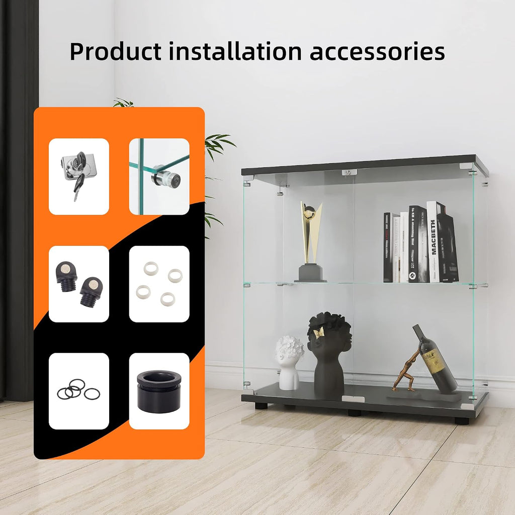 LFT HUIMEI2Y Glass Display Cabinet 2-Shelf with Double Door, Curio Cabinets Fast Installation in 30 Mins, Tempered Glass Floor Standing Bookshelf for Bedroom, Living Room 32.8'x 31.7'x 14.4' Black