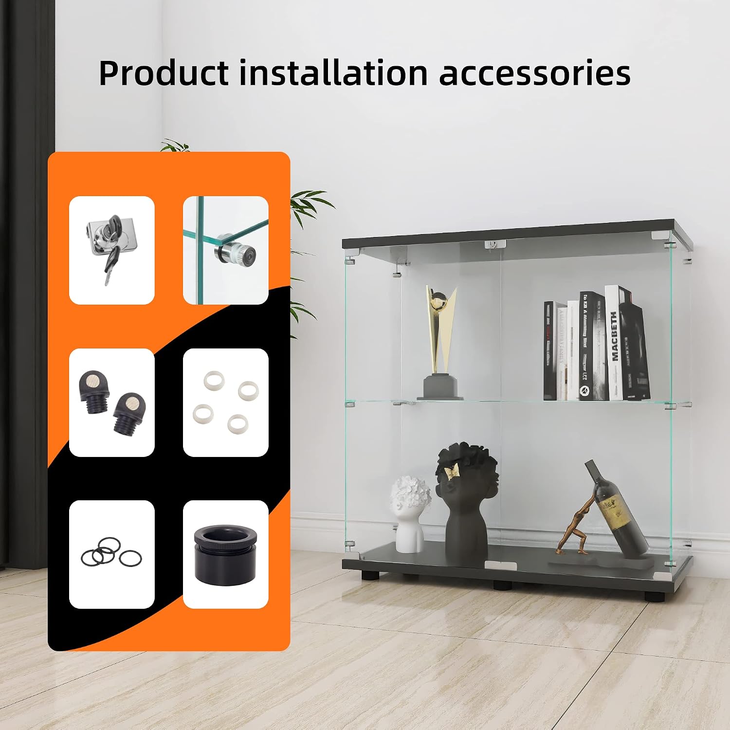 LFT HUIMEI2Y Glass Display Cabinet 2-Shelf with Double Door, Curio Cabinets Fast Installation in 30 Mins, Tempered Glass Floor Standing Bookshelf for Bedroom, Living Room 32.8'x 31.7'x 14.4' Black