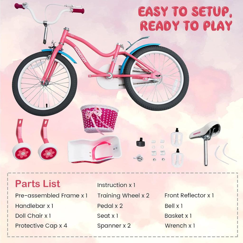HONEY JOY Kids Bike, 14 16 18 Inch Girls Bike for Toddlers w/Training Wheels, Handbrake & Coaster Brake, Steel Frame, Fully Enclosed Chain, Little Princess Style Children Bicycle, Gift for Girls 3-8
