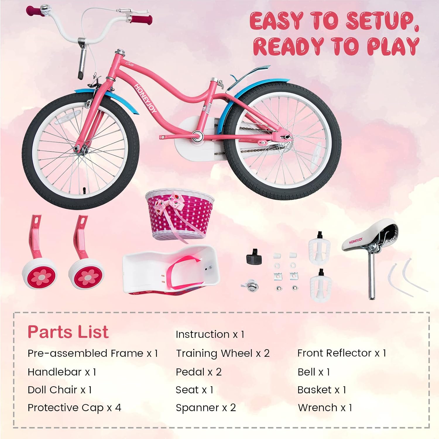 HONEY JOY Kids Bike, 14 16 18 Inch Girls Bike for Toddlers w/Training Wheels, Handbrake & Coaster Brake, Steel Frame, Fully Enclosed Chain, Little Princess Style Children Bicycle, Gift for Girls 3-8