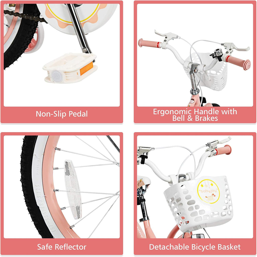 BABY JOY Girls Bike, 12' 14' 16' 18' Kids Bike for 3-8 Years Old with Training Wheels, Adjustable Seat & Handlebar, Handbrake & Coaster Brake, Children Bicycle