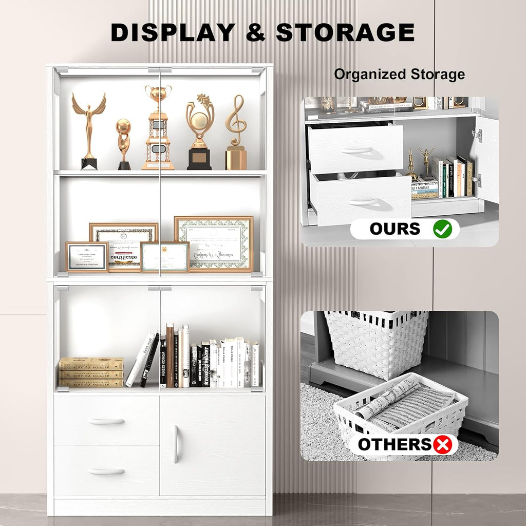 Display Cabinet with Glass Doors, 4-Tier Display Case with 3-Color Lights & Human Body Sensor, Storage Cabinets with 3 Shelves & 2 Drawers for Collectibles/Living/Dining/Game Room, White