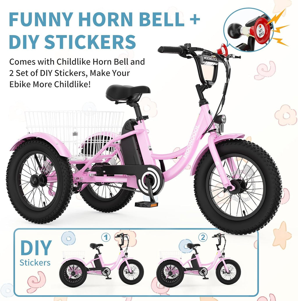 16 Inch Kids Electric Tricycle, 250W 24V Fat Tire Electric Trike, 3 Wheels Electric Bike Cruiser Bicycle, Aluminum Frame Motored Trike with Adjustable Seat and Removable Battery, Pink