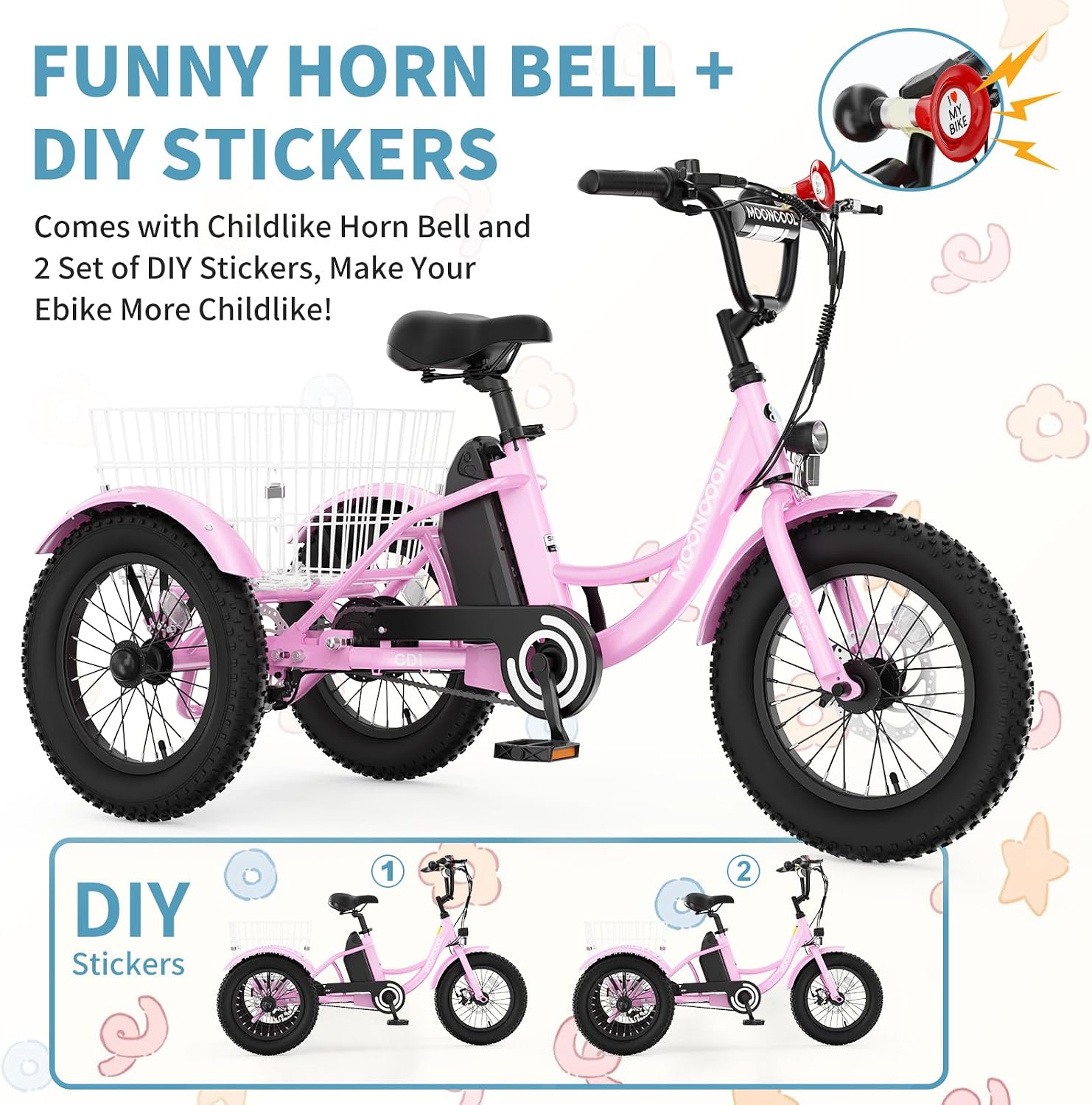 16 Inch Kids Electric Tricycle, 250W 24V Fat Tire Electric Trike, 3 Wheels Electric Bike Cruiser Bicycle, Aluminum Frame Motored Trike with Adjustable Seat and Removable Battery, Pink