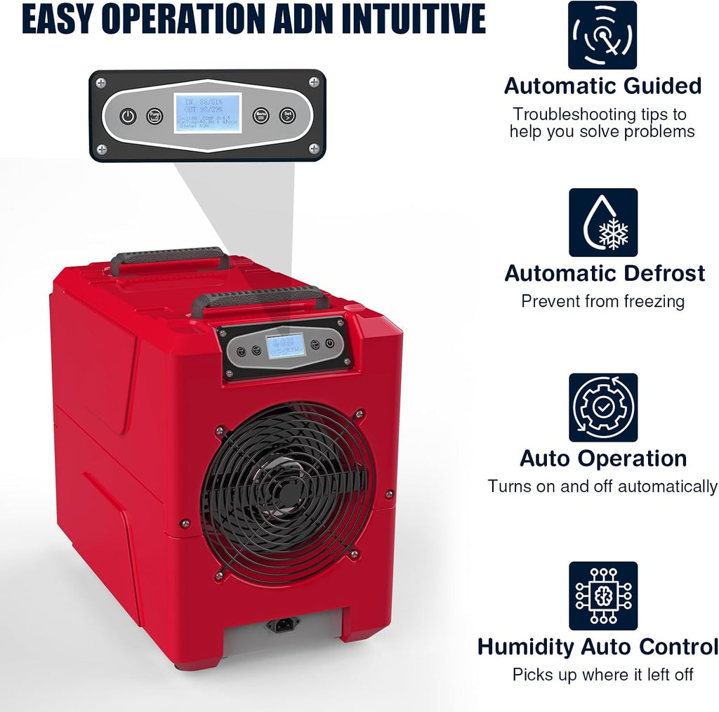 Mounto 150 Pints Compact Commercial Dehumidifier, LGR Technology, Built-in Pump, ETL Certified, Ideal for Large Spaces, Water Damage Restoration, Industrial Use (Red)