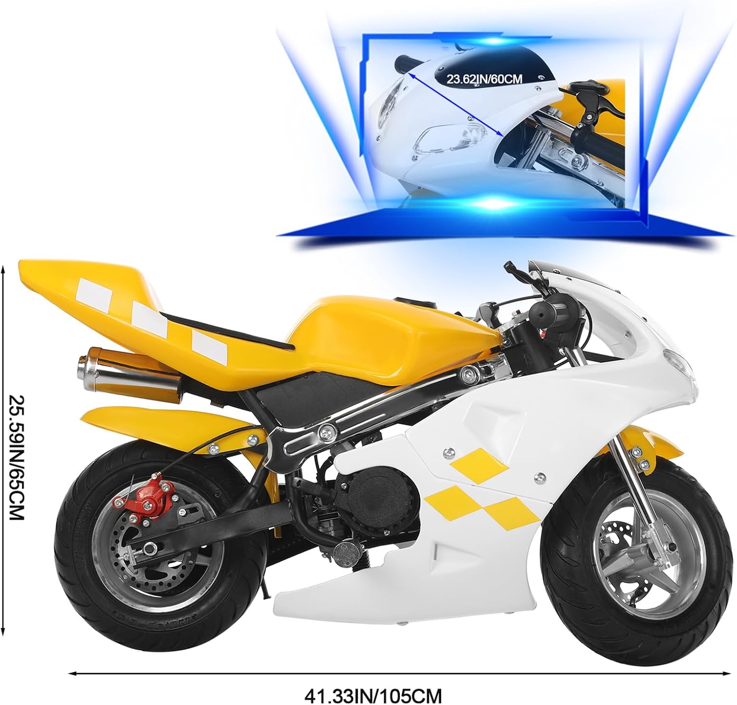 49cc 2 Stroke Dirt Bike for Kids & Youth,Mini Motorcycle Motorbike Beach Off Road Vehicles, Dual Headlights, Up to 20Mph, Weight Support Up to 170LBS, 20 Miles Range (Yellow)