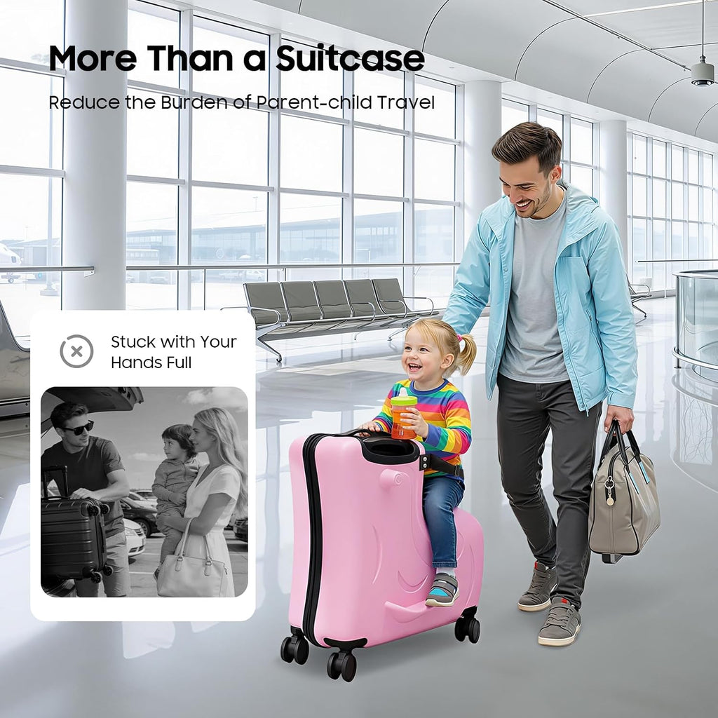 20 Inch Ride-On Suitcase for Kids, Travel Trolley with Wheels, Safety Belt, Adjustable Pull Rod, Scooter Luggage Seat Ride with Lock for Toddler Airplane Travel(Pink)