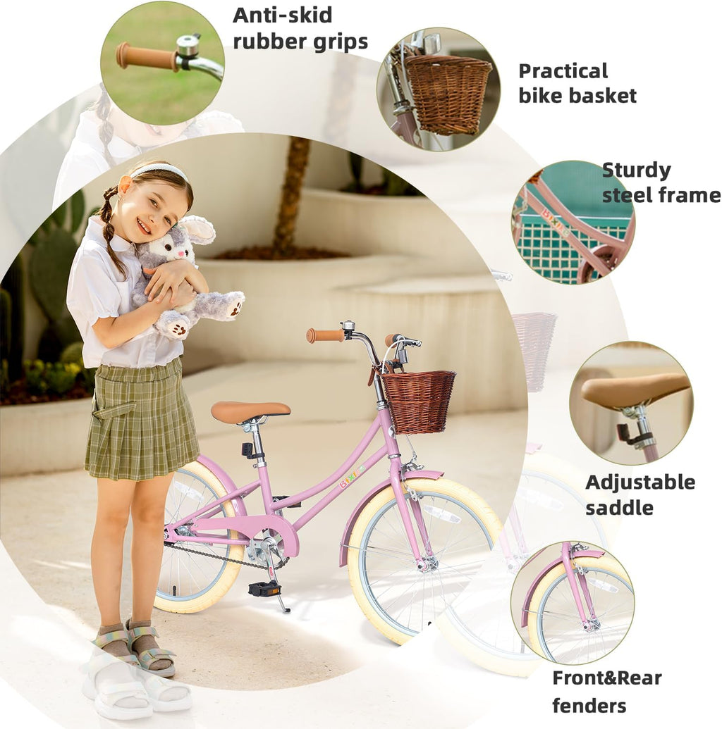 Bixike Retro Design Girls Bike with Basket and Coaster Brake for 3-13 Years Old Kids, 14 16 18 Inch Cruiser Bicycle for Toddlers with Training Wheels, 20 24 26 Inch with Kickstand, Multiple Colors