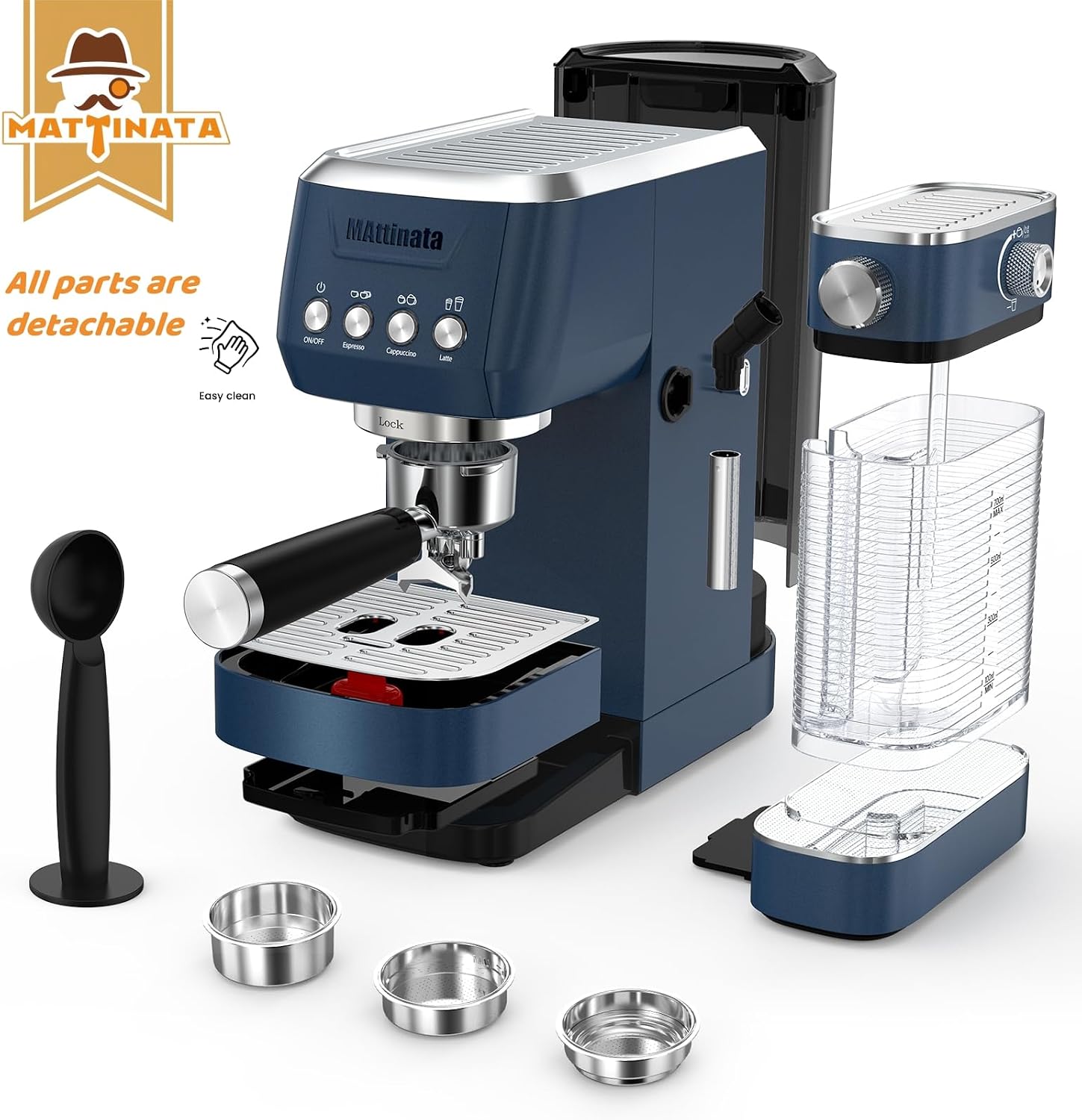 MAttinata Cappuccino Machine 20 Bar, Professional Espresso Machines for Home and Office with Automatic Milk Frothering System, Barista Compact Latte Maker for Coffee Lovers, Stainless Steel-Blue